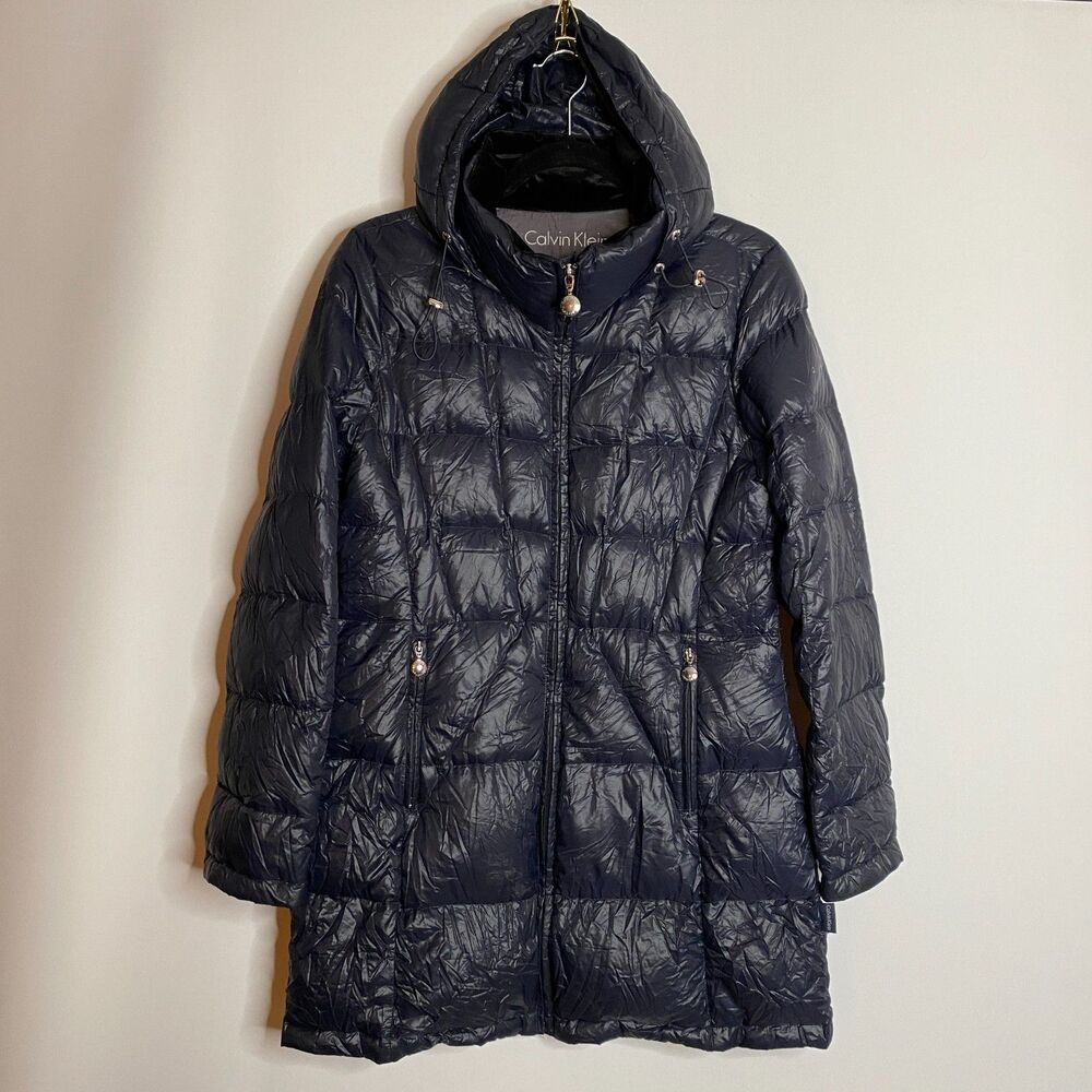 Calvin Klein Hooded Puffer Long Coat Packable Lightweight Premium Down Womens M